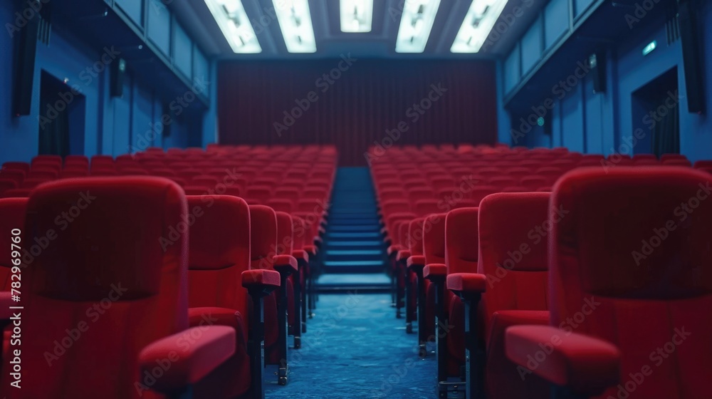An empty theater with red seats and stairs. Ideal for theater and performance concepts