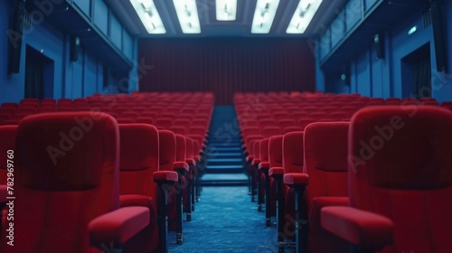 An empty theater with red seats and stairs. Ideal for theater and performance concepts