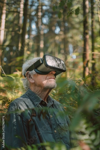 A man wearing a virtual reality headset in the woods. Suitable for technology and nature concepts