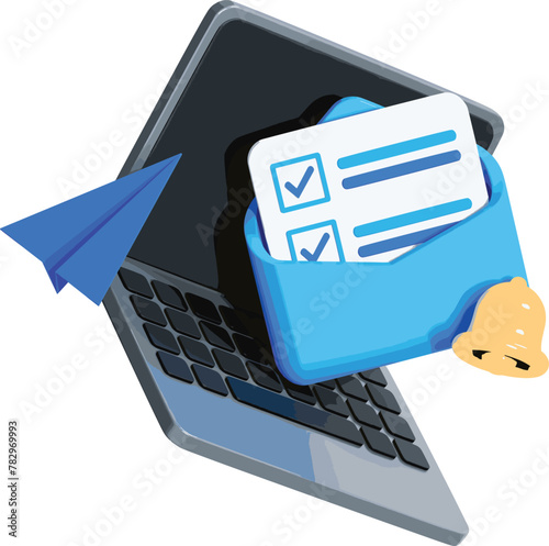 3D Stock Vector of Letter with Completed Task or Checklist in Envelope on Computer Laptop Screen, New Email Notification, Isometric Illustration, Cartoon Design Icon Isolated on Transparent Background