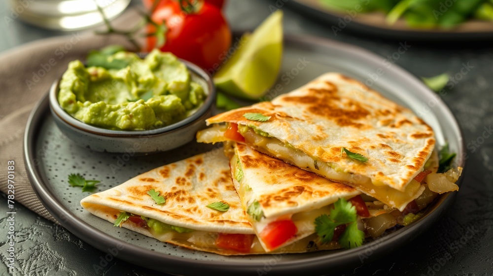 Quesadilla and guacamole sauce on plate Quesadilla and guacamole sauce on plate