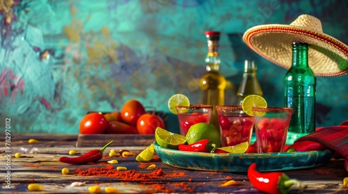 Tequila with lime and chili pepper photo