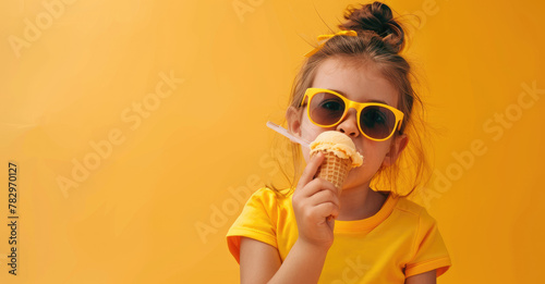 Photo of a girl in sunglasses eating ice cream on a yellow background, copy space concept for advertising and banner with a happy child enjoying summer food  photo
