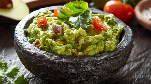 Guacamole sauce with tomatoes in black bowl