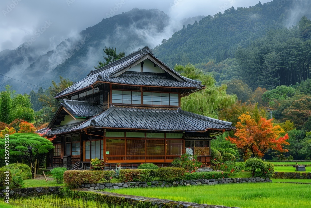 A tranquil scene featuring a Chinese temple and a Japanese garden nestled amidst the serene mountains, blending architecture, culture, and nature harmoniously