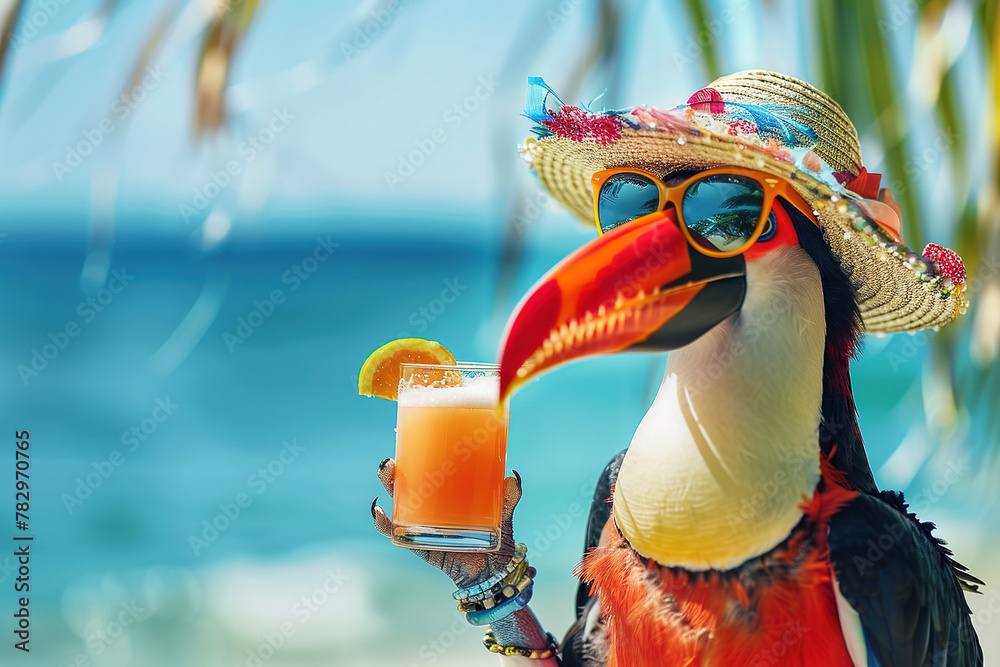 Fototapeta premium Happy and smiling to toucan in a bright summer hat holding a cocktail glass with a tasty drink on the beach
