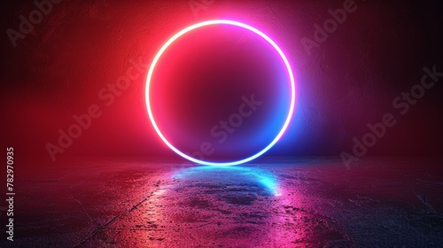 A vibrant neon circle with a glow. A modern round frame with empty space for text. A vivid neon loop with a glow. Illustration for advertising, banners, cards, etc.