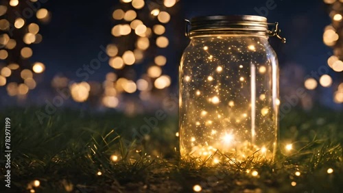Sparkling fireflies in jar. Glowing bug firefly, butterfly coming out of a jar in a night isolated on a natural background. Magic night imagination. Magical nature concept, copy space