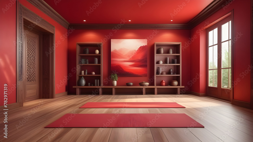 Interior of a cozy yoga room in red colors.