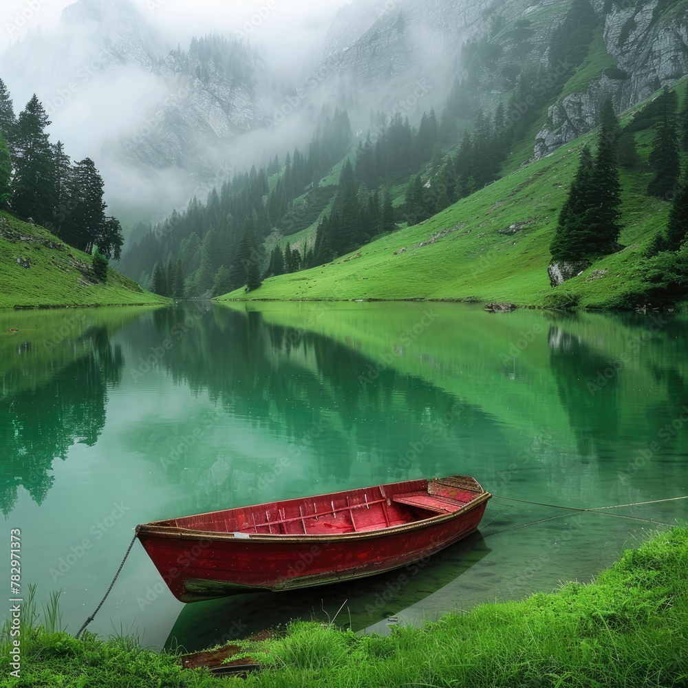 A tranquil photo of a red rowboat moored on the shores of a green alpine lake.