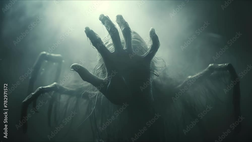 Scary night city in the fog. People trapped in a spider web. Nightmare in the moonlight. Halloween, horror and thriller concept. AI-generated.