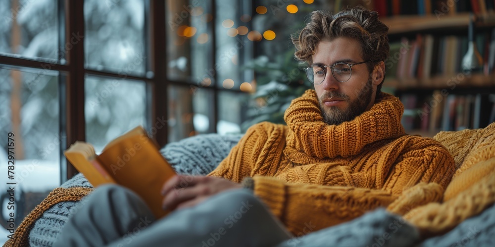 An adult man sits on a cozy sofa at home, engrossed in reading during the holiday season An adult man sits on a cozy sofa at home, engrossed in reading during the holiday season
