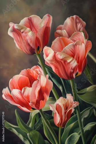 Three vibrant pink tulips in a clear glass vase. Perfect for spring-themed designs and floral arrangements