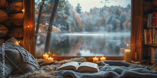 A cozy winter interior, to enjoy reading by candlelight, surrounded by snowy nature
