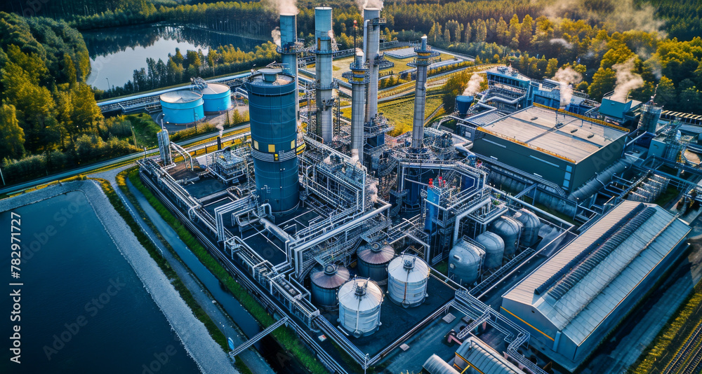 Biofuel plant with nature fields in the background, sustainable, eco-friendly biofuel, agricultural aspects of bioenergy production. Renewable biomass energy. Generative ai