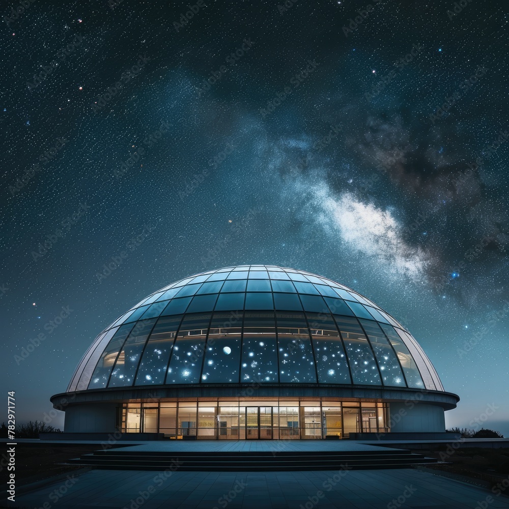 Fototapeta premium The night sky is full of stars. There is a large, glass dome in the center of the image. The dome is lit up from the inside, and there are stars reflected on the surface.