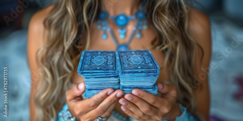 A woman practices tarot, delving into magic and fate, interpreting the cards for divination photo