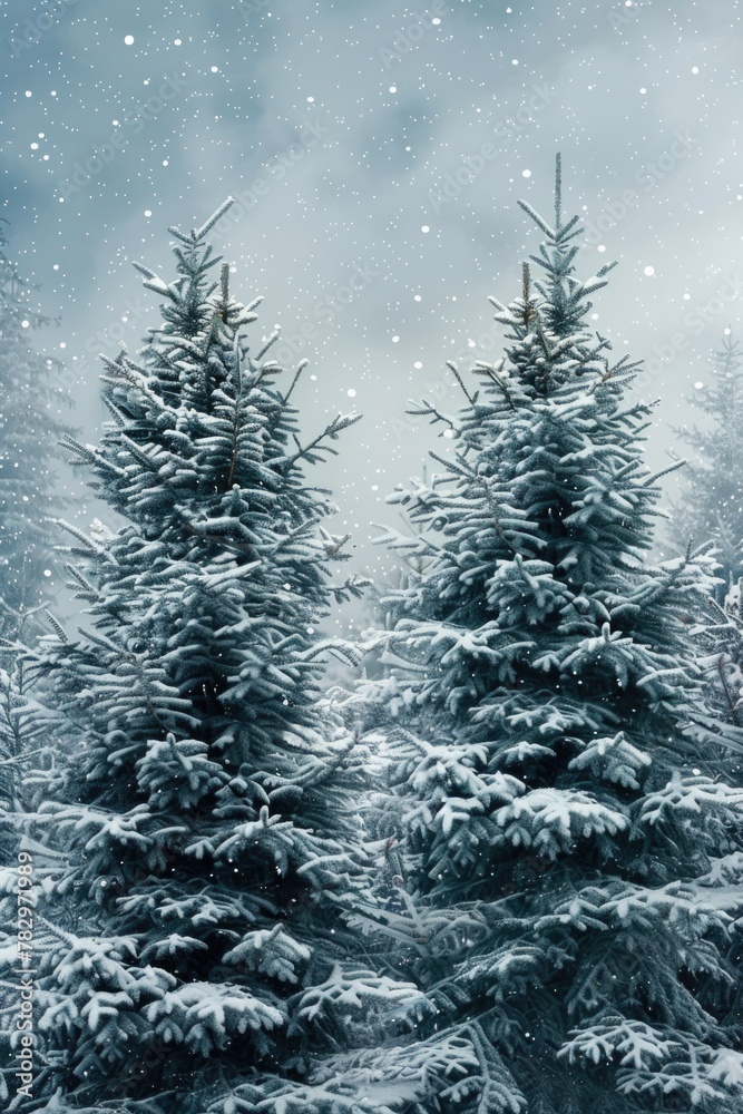 Snow covered pine trees in the winter forest, perfect for seasonal backgrounds