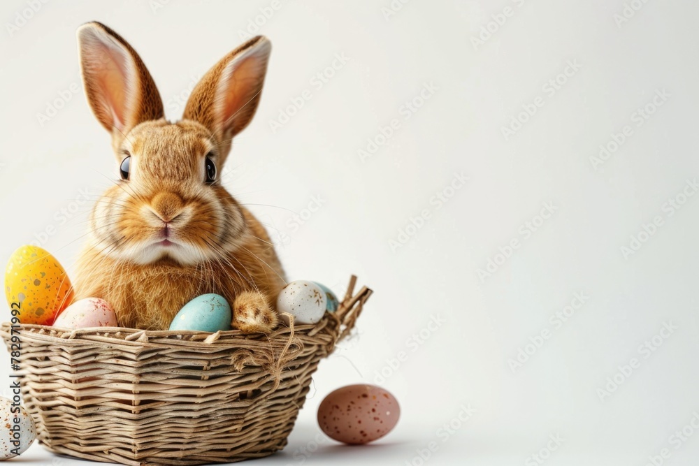 Cute rabbit sitting in a basket with colorful eggs, perfect for Easter decorations Cute rabbit sitting in a basket with colorful eggs, perfect for Easter decorations