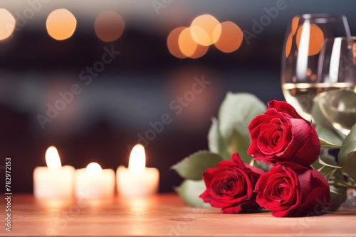 Intimate candlelight dinner setting with red roses and white wine, romantic evening. Romantic Roses and Wine Candlelight Dinner
