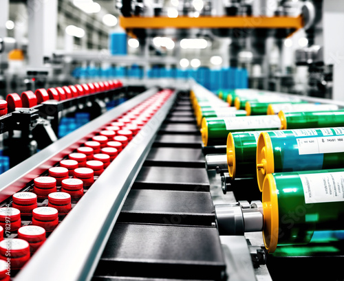 A factory with rows of bottles on conveyor belts.