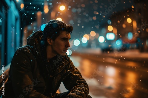 A young man sitting on a bench in the rain at night.