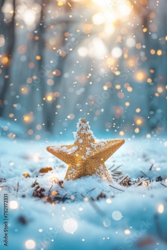 A snow-covered star in the middle of a forest, perfect for winter-themed designs