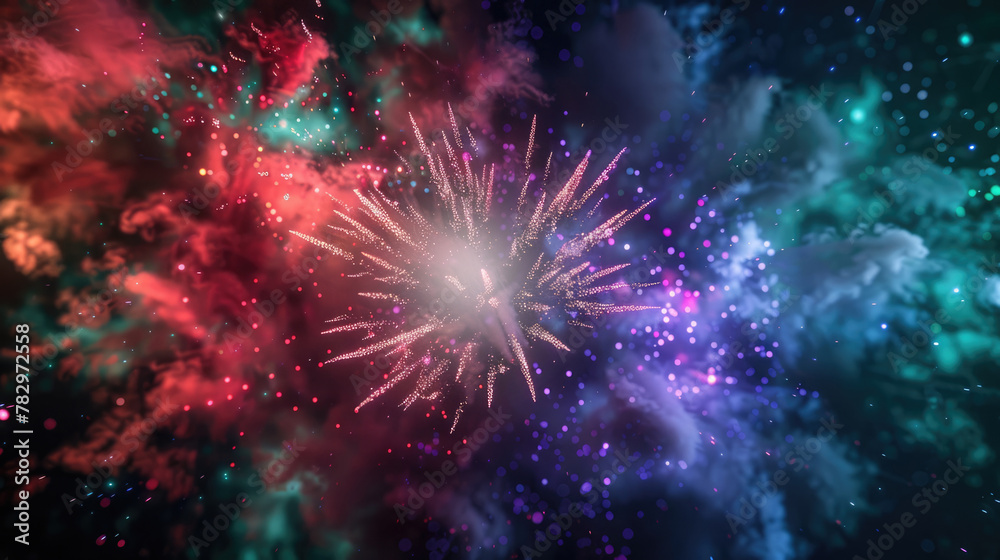 Fototapeta premium Colorful fireworks display on night sky background. Pyrotechnics show, sparks and glow