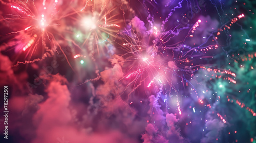 Colorful fireworks display on night sky background. Pyrotechnics show, sparks and glow