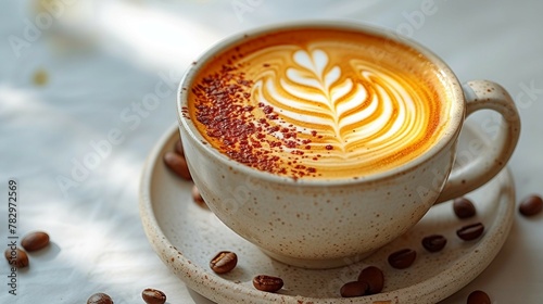 Latte art in focus on light background. AI generate illustration photo