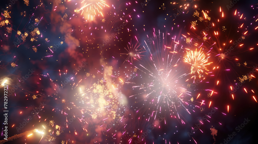 Naklejka premium Colorful fireworks display on night sky background. Pyrotechnics show, sparks and glow