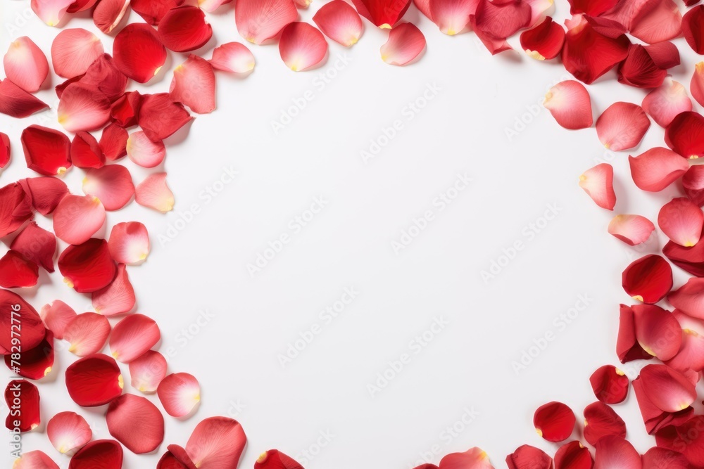 A heart-shaped frame of red and pink rose petals on a white background, romantic and celebratory concept. Red Rose Petals Forming Heart Shape A heart-shaped frame of red and pink rose petals on a white background, romantic and celebratory concept. Red Rose Petals Forming Heart Shape