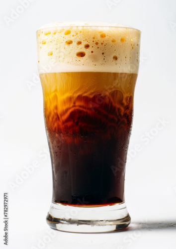 Product photo of nitro cold brew coffee, on slate surface, isolated on white background. studio lighting. photo