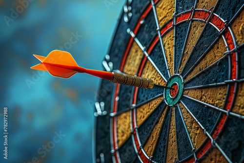 Sharp dart perfectly hits the bullseye of a dartboard showcasing accuracy and target achievement against a blue backdrop