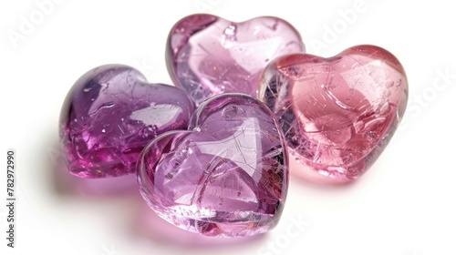Three pink and purple glass hearts on a white surface. Perfect for Valentine's Day designs