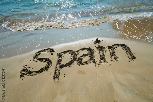 Spain written in the sand on a beach. Spanish tourism and vacation background
