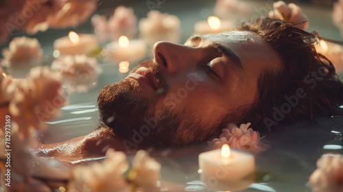 Man lays with closed eyes and relaxing in spa salon. Candle and flower blossoms near. Concept of health, relax, self care and me time. Generative ai