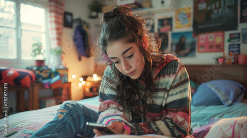Sad teenage girl looking at smartphone. Teenager checking her smartphone at bedroom. Teen scrolling through social media on phone screen. Internet addiction in kids. Generative ai