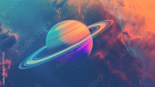 Saturn portrayed with vibrant colors and exaggerated rings, floating against a backdrop of mysterious cosmic elements