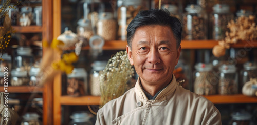 Chinese doctor of traditional Chinese medicine in his clinic, surrounded by natural medicines, herbal and spicy visuals using traditional bowls. Generative ai