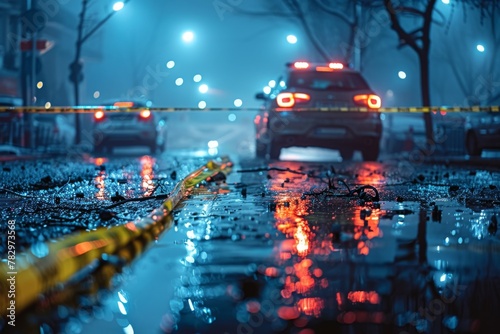 A somber night scene presenting a wet street cordoned off with yellow crime scene tape and police car lights reflected