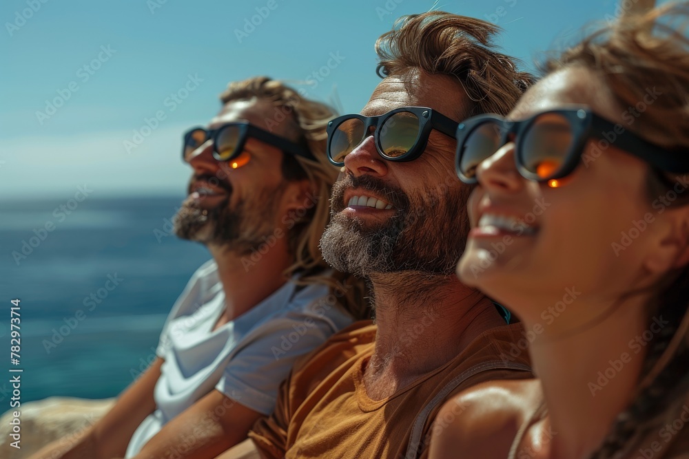 Three friends are looking away into the sea, enjoying the view from a boat deck, embodying the spirit of summer and friendship Three friends are looking away into the sea, enjoying the view from a boat deck, embodying the spirit of summer and friendship