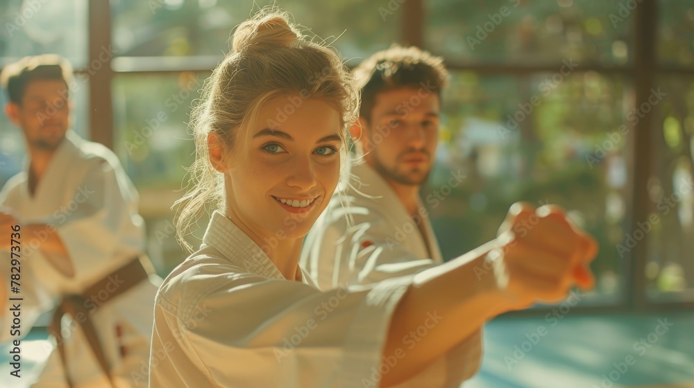 Naklejka premium Young woman in white kimono practicing taekwondo, karate, jiujitsu or judo in group training. The concept of self-defense. Generative ai