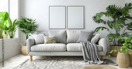 Mockup of canvas on a light wall. Interior mockup with house background. Modern interior design. Empty picture frame in the living room. Generative ai