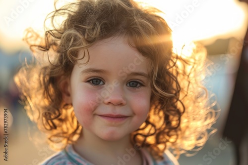 Portrait of a little girl with curly hair in the sunset light