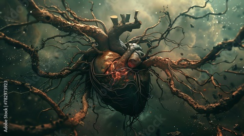 Visualization of a deteriorating human heart surrounded by twisted tendrils of pollution, symbolizing the consequences of neglecting the environment