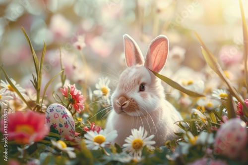 A white rabbit sitting peacefully among colorful flowers. Suitable for nature and wildlife concepts