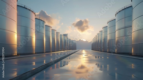 Minimalist design of oil storage tanks with clean lines, futuristic background