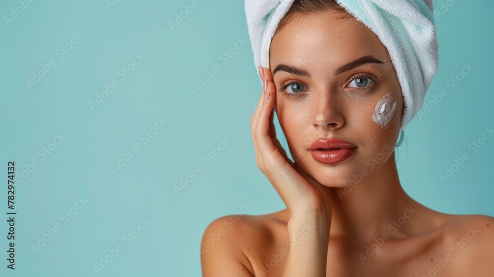 Beautiful model 30 year old woman take care of her skin, copy space on pastel light blue background. Generative ai Beautiful model 30 year old woman take care of her skin, copy space on pastel light blue background. Generative ai