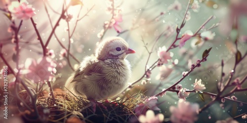 A small bird perched on top of a nest. Suitable for nature themes #782974186